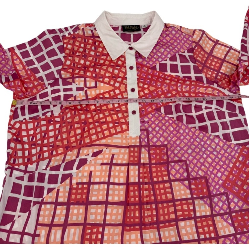 BOB MACKIE 1X Blouse Pink Orange Geometric Wearable Art Tunic Top Patchwork - Picture 4 of 12